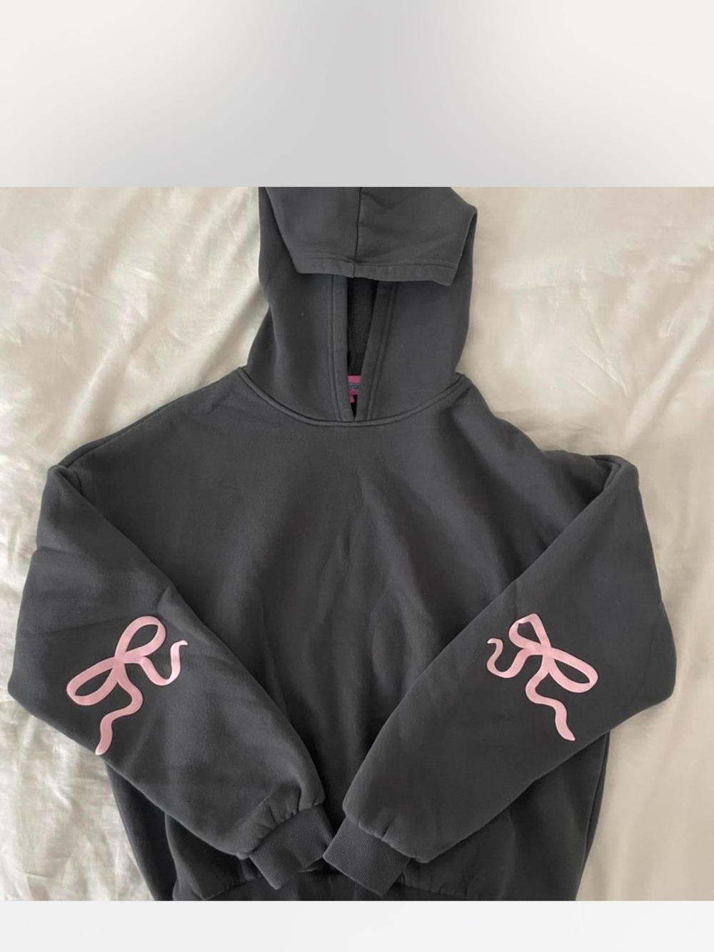 Edikted Charcoal Hoodie with Pink Sleeve Ribbon Graphics